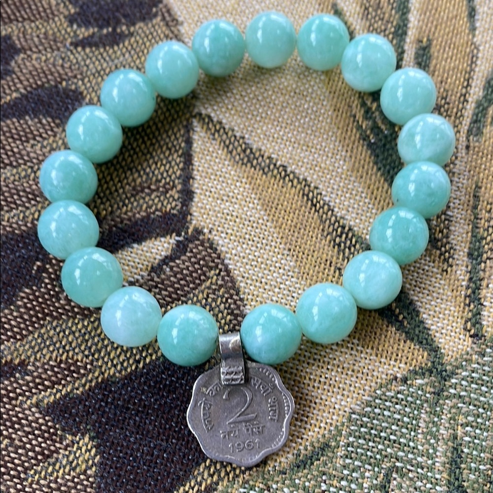 Green aventurine Beaded Bracelet with Coin Charm